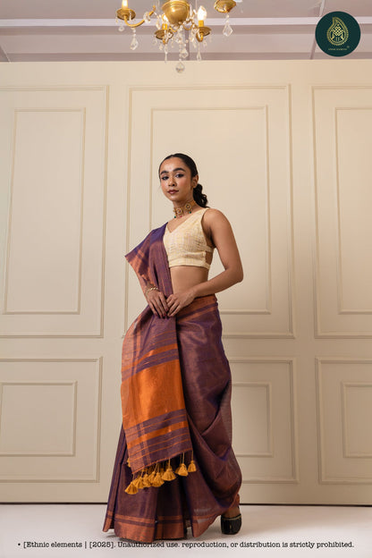 Handwoven Tissue Linen Saree With Blouse - Purple