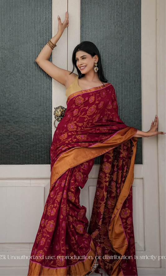Mul Cotton With Zari Floral Jaal Saree - Gulbahar