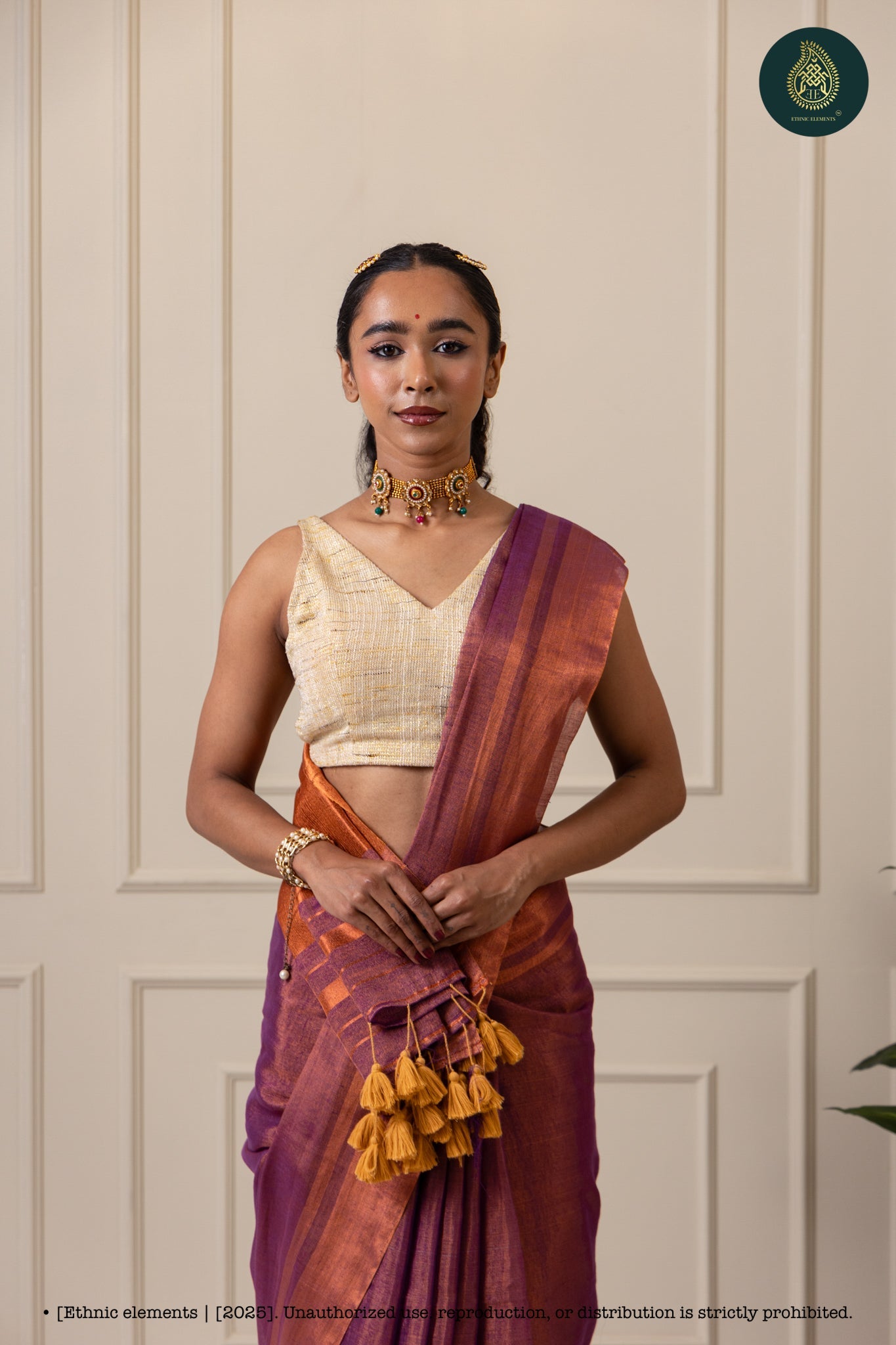 Handwoven Tissue Linen Saree With Blouse - Purple