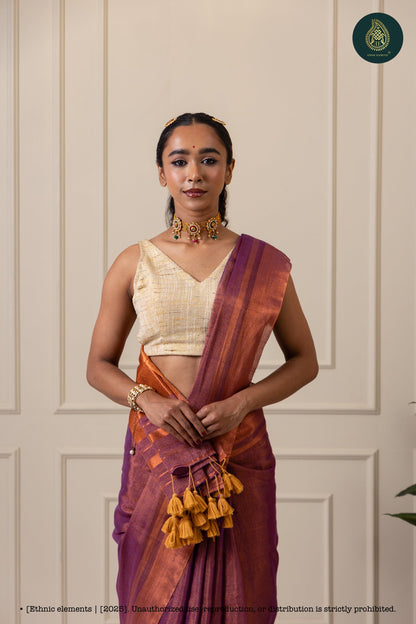 Handwoven Tissue Linen Saree With Blouse - Purple