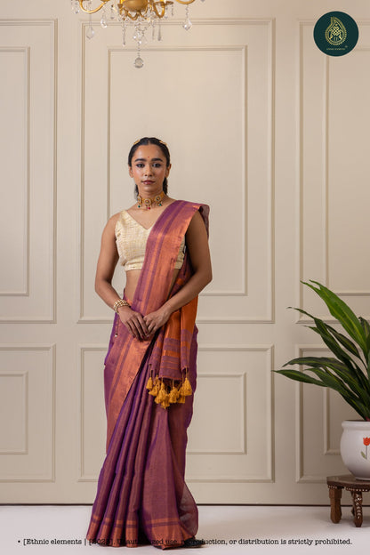 Handwoven Tissue Linen Saree With Blouse - Purple