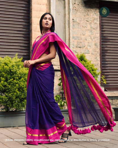 Mul Cotton Saree With Contrast Border Zari Aura - Raag Jamun