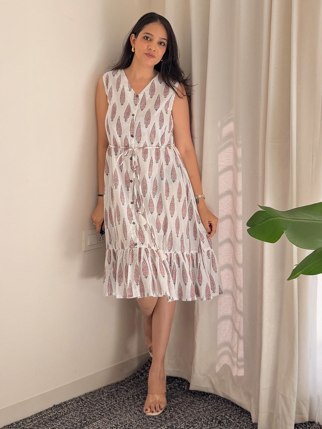 Janasya Women's White Cotton Ethnic Motifs Flared Western Dress