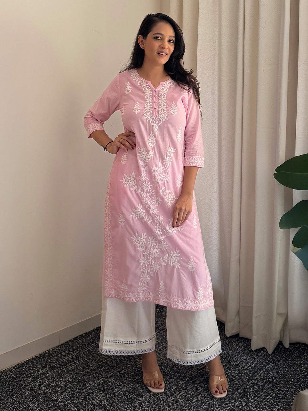 Janasya Women's Light Pink Pure Cotton Embroidered Straight Kurta