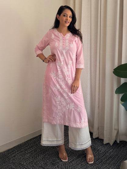 Janasya Women's Light Pink Pure Cotton Embroidered Straight Kurta