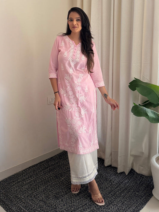 Janasya Women's Light Pink Pure Cotton Embroidered Straight Kurta