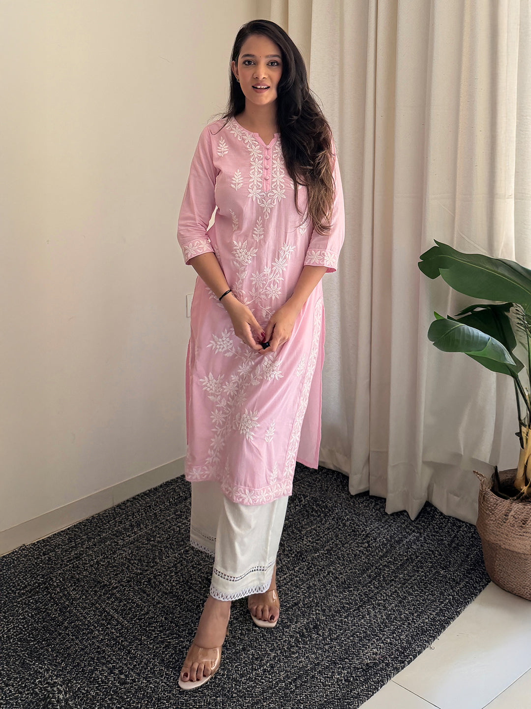 Janasya Women's Light Pink Pure Cotton Embroidered Straight Kurta