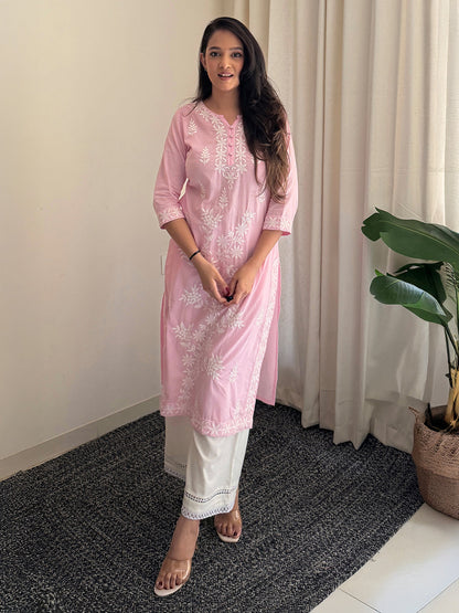 Janasya Women's Light Pink Pure Cotton Embroidered Straight Kurta