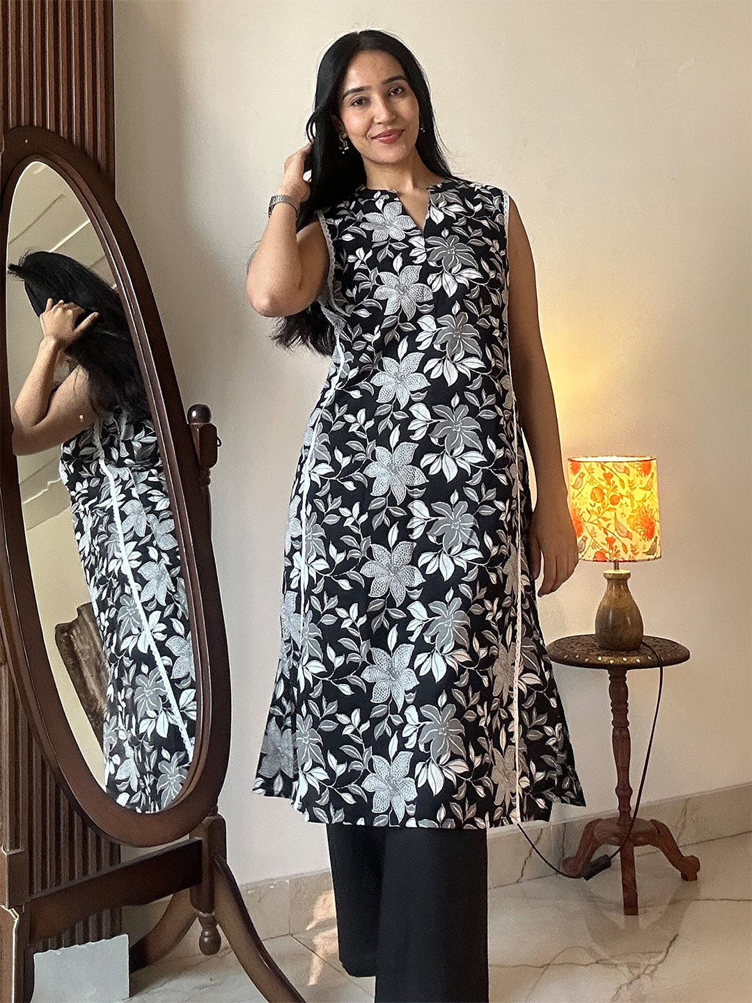 Janasya Women's Black Pure Cotton Floral Printed A-line Kurta Pant Set