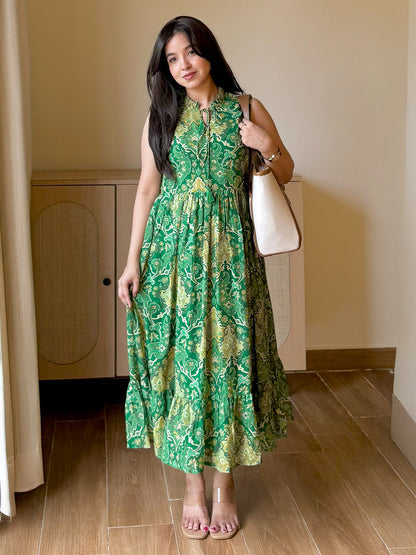 Janasya Women's Green Georgette Floral Printed Fit & Flared Dress