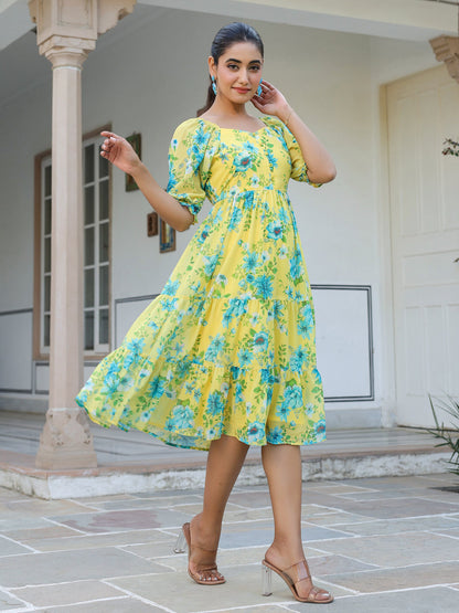 Yellow Georgette Floral Print Flared Western Dress