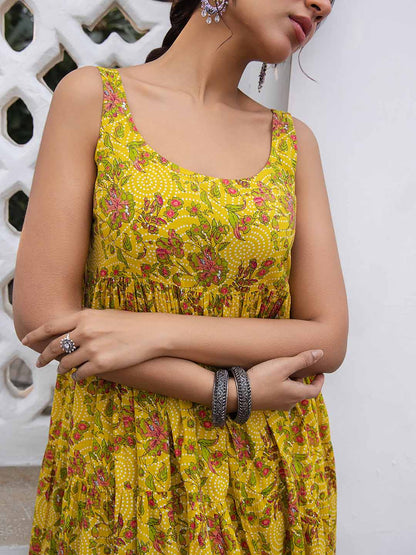 Mustard Cotton Floral Gathered Kurta Set