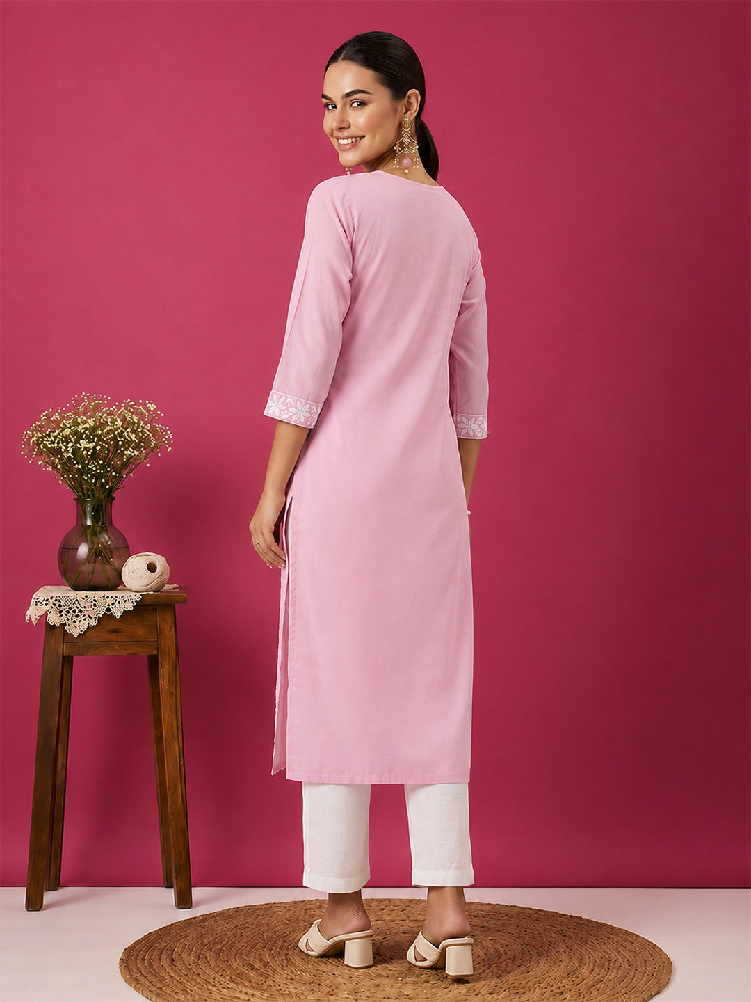 Janasya Women's Light Pink Pure Cotton Embroidered Straight Kurta
