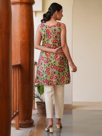 Olive Green Pure Cotton Floral Printed A-line Tunic