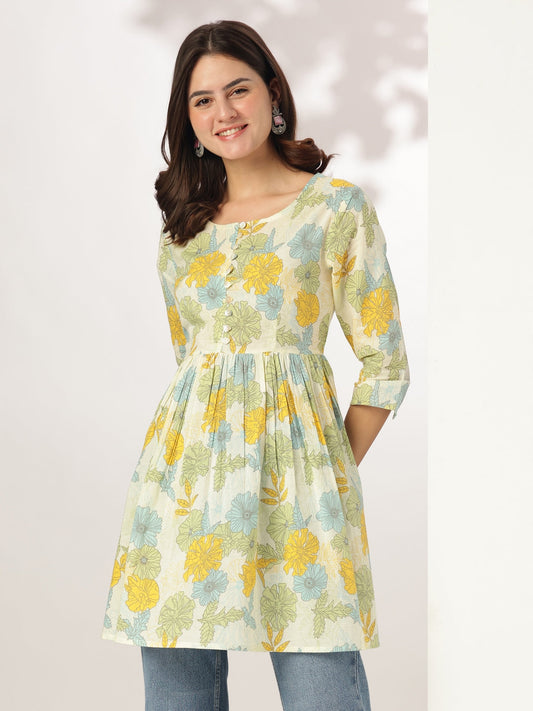 Off White Pure Cotton Floral Printed A-line Tunic For Women
