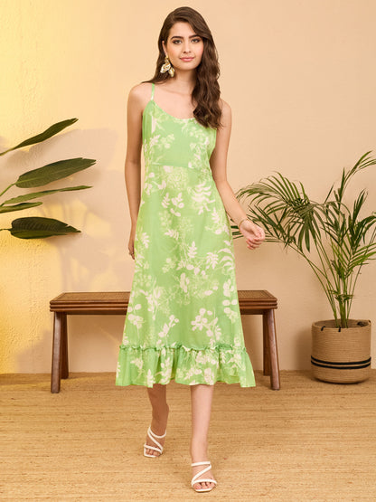 Janasya Women's Mint Green Pure Cotton Floral Printed A-line Dress