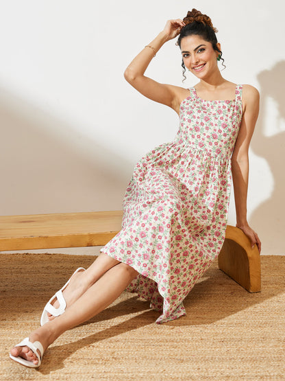 Janasya Women's Off White Pure Cotton Floral Printed A-line Dress