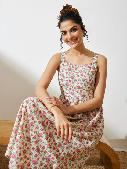 Janasya Women's Off White Pure Cotton Floral Printed A-line Dress