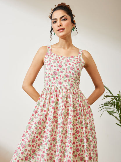 Janasya Women's Off White Pure Cotton Floral Printed A-line Dress