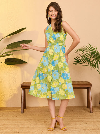 Janasya Women's Green Pure Cotton Floral Printed A-line Tie-up Dress
