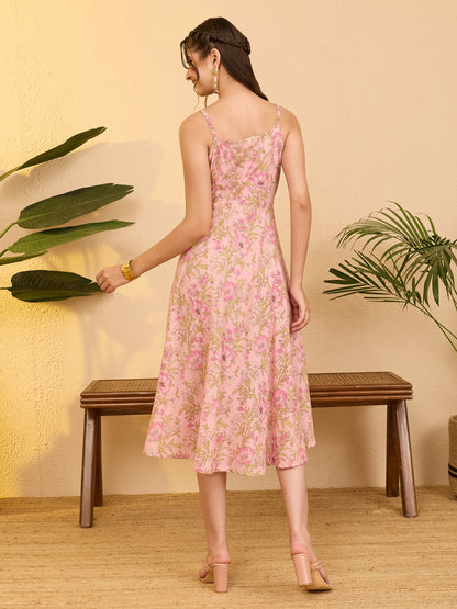 Janasya Women's Rose Pink Pure Cotton Floral Printed A-line Dress