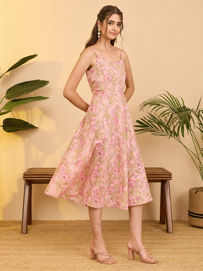 Janasya Women's Rose Pink Pure Cotton Floral Printed A-line Dress