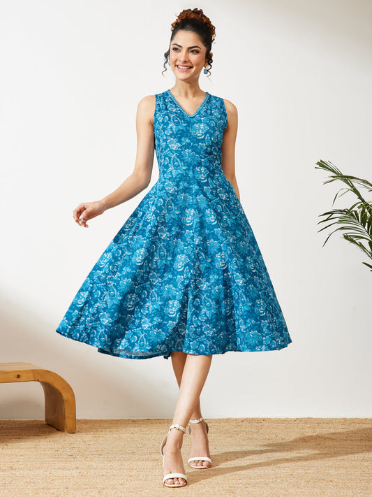 Janasya Women's Blue Pure Cotton Floral Printed Flared Dress