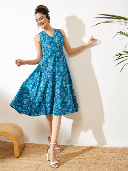 Janasya Women's Blue Pure Cotton Floral Printed Flared Dress