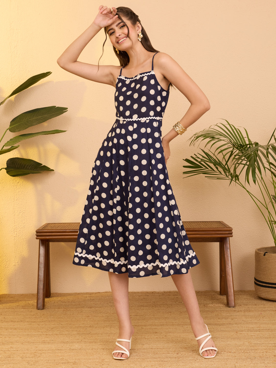 Janasya Women's Navy Blue Pure Cotton Polka Printed A-line Dress