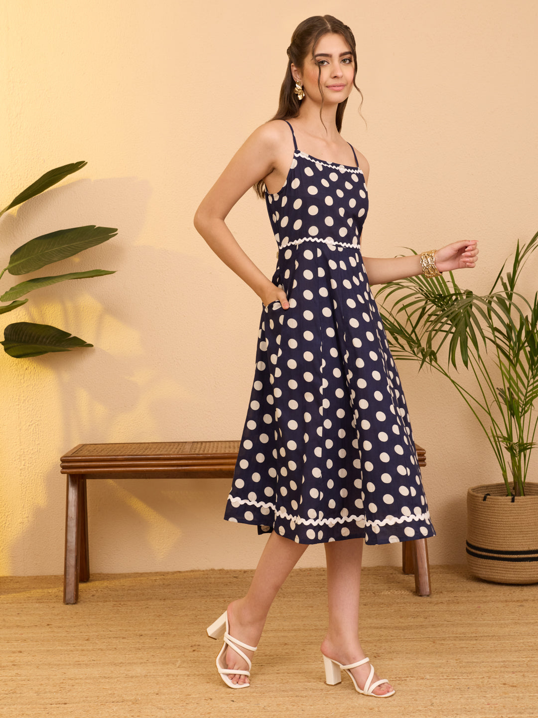 Janasya Women's Navy Blue Pure Cotton Polka Printed A-line Dress