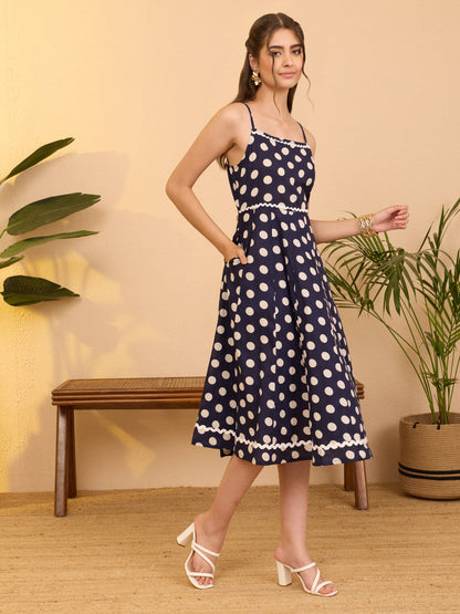 Janasya Women's Navy Blue Pure Cotton Polka Printed A-line Dress