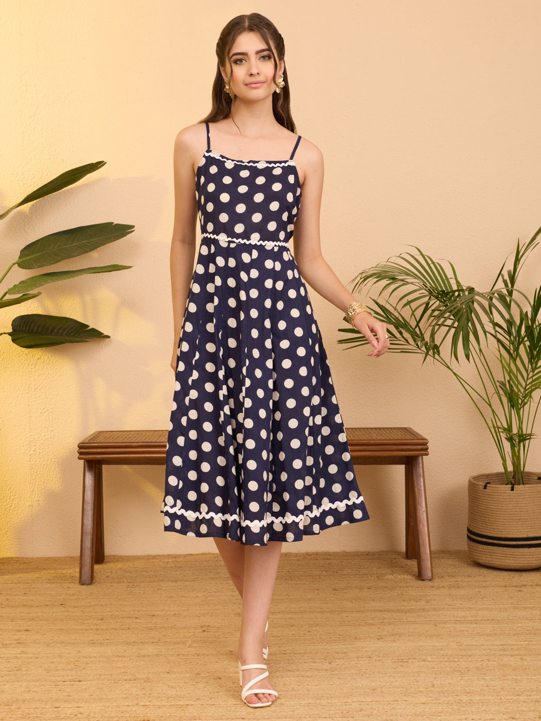 Janasya Women's Navy Blue Pure Cotton Polka Printed A-line Dress