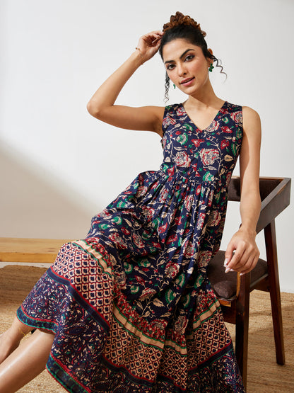 Janasya Women's Navy Blue Pure Cotton Floral Prinrted Gathered Dress