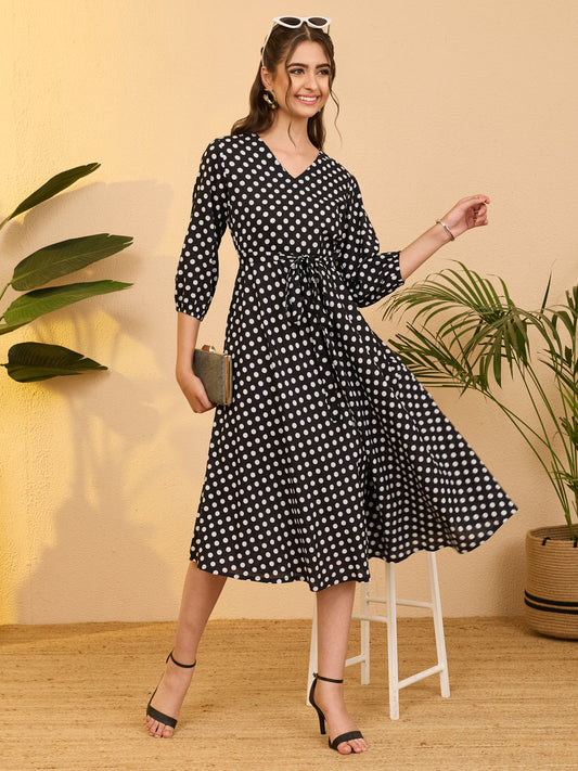 Janasya Women's Black Pure Cotton Polka Dot Printed Fit & Flare Dress