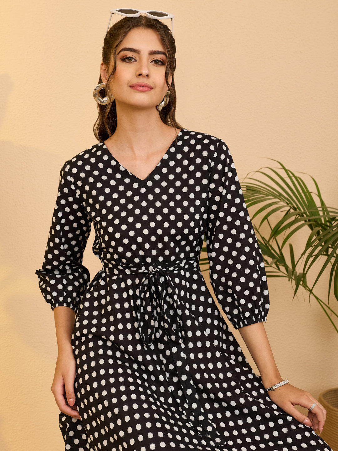 Janasya Women's Black Pure Cotton Polka Dot Printed Fit & Flare Dress
