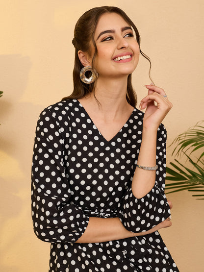 Janasya Women's Black Pure Cotton Polka Dot Printed Fit & Flare Dress