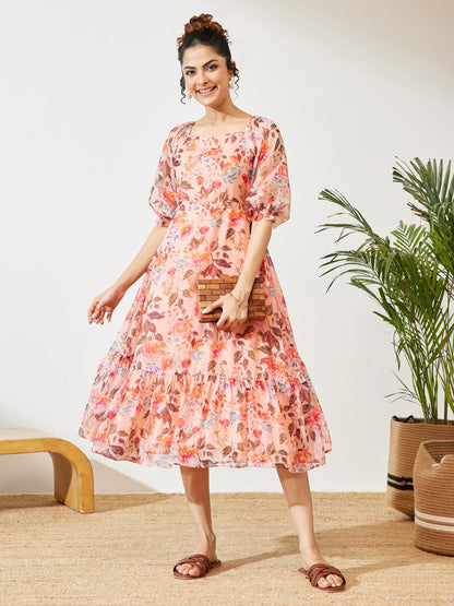 Janasya Women's Peach Chiffon Floral Printed A-line Dress
