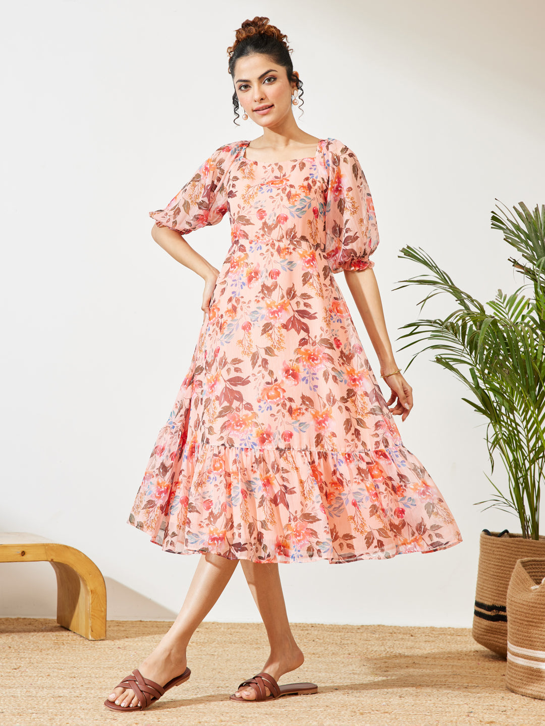 Janasya Women's Peach Chiffon Floral Printed A-line Dress