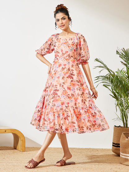 Janasya Women's Peach Chiffon Floral Printed A-line Dress