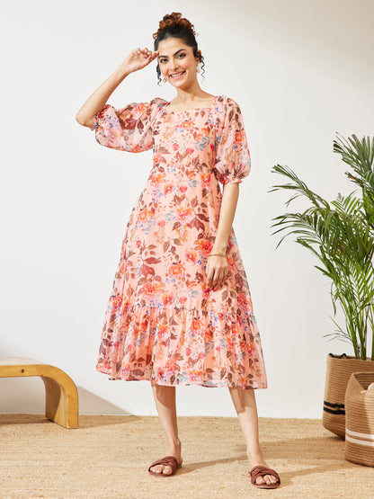Janasya Women's Peach Chiffon Floral Printed A-line Dress