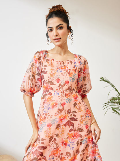 Janasya Women's Peach Chiffon Floral Printed A-line Dress