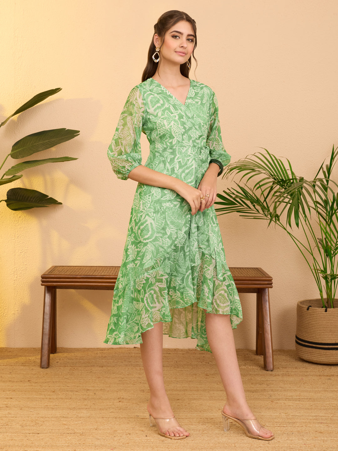 Janasya Women's Green Chiffon Floral Printed A-line Ruffles Dress