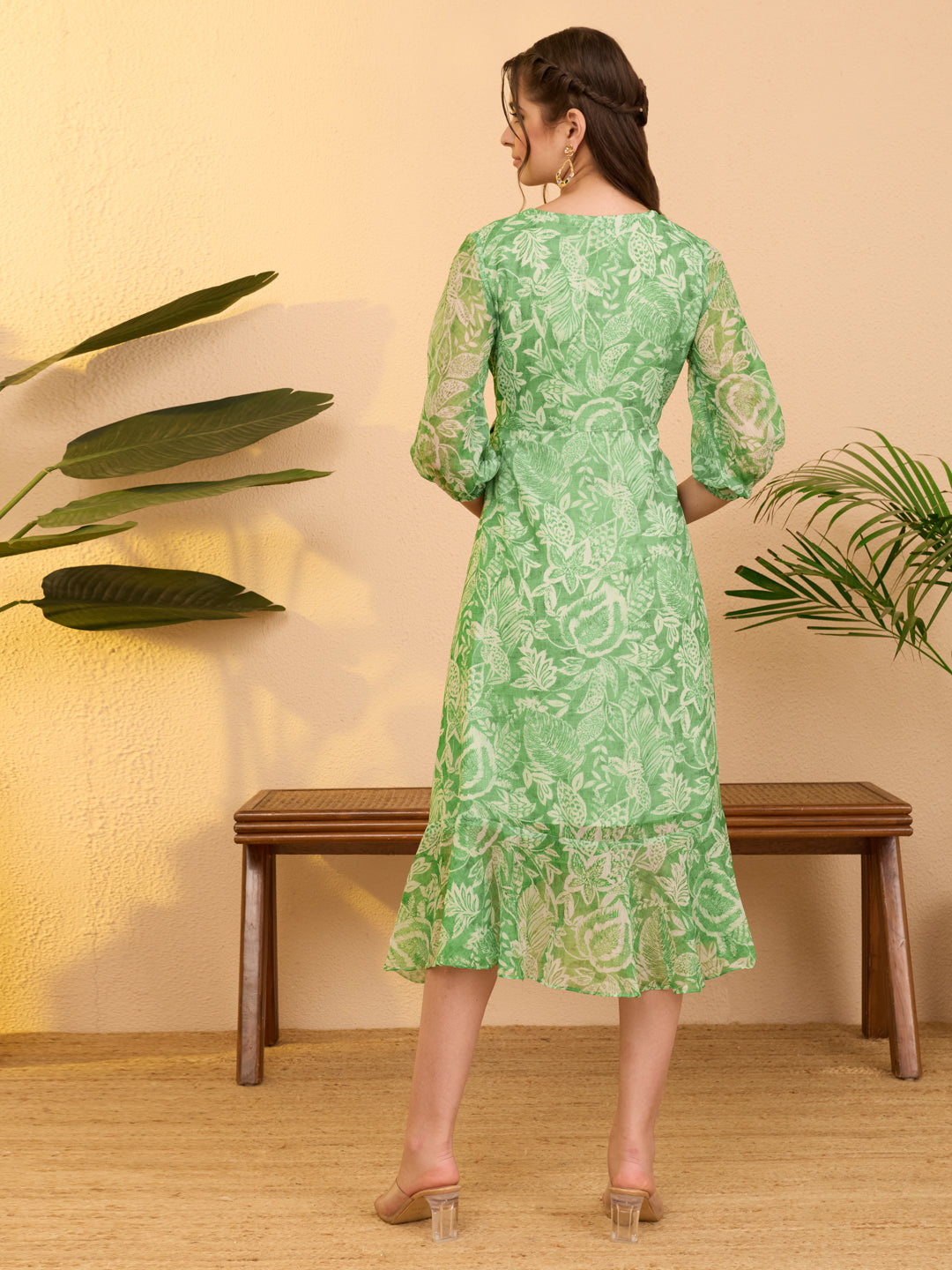 Janasya Women's Green Chiffon Floral Printed A-line Ruffles Dress