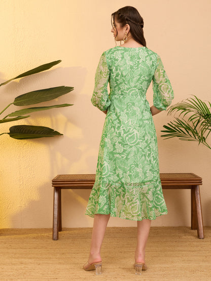 Janasya Women's Green Chiffon Floral Printed A-line Ruffles Dress
