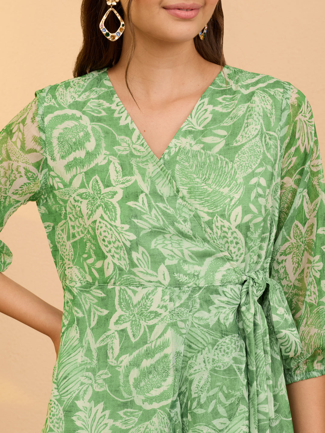 Janasya Women's Green Chiffon Floral Printed A-line Ruffles Dress