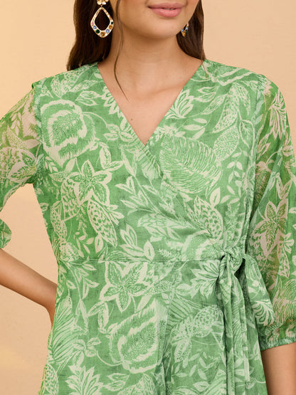 Janasya Women's Green Chiffon Floral Printed A-line Ruffles Dress