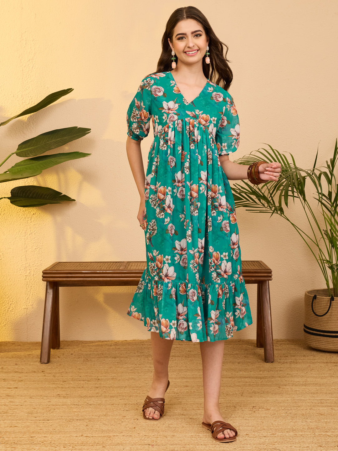 Janasya Women's Sea Green Georgette Floral Printed Gathered Dress