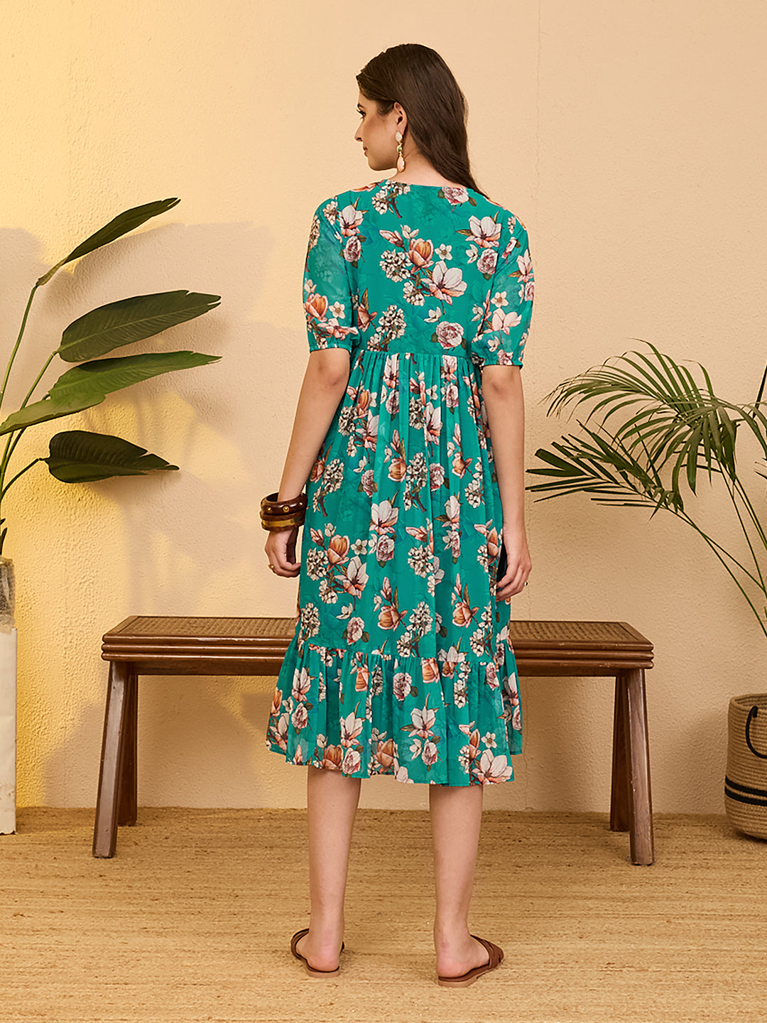 Janasya Women's Sea Green Georgette Floral Printed Gathered Dress