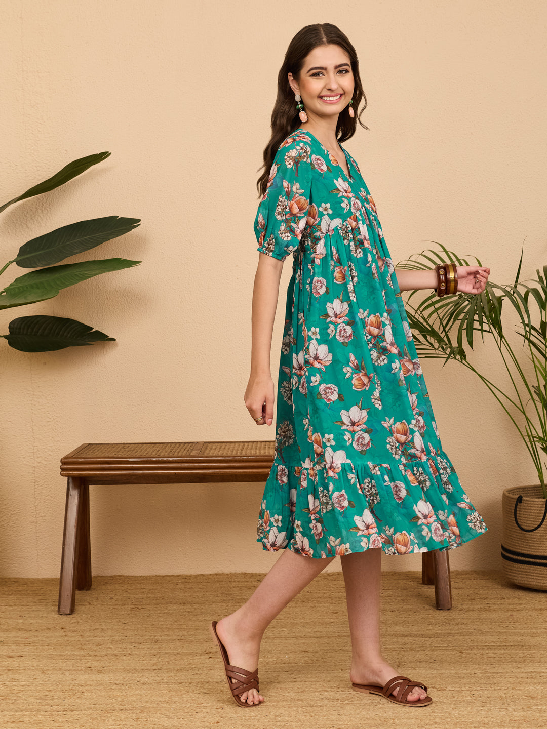 Janasya Women's Sea Green Georgette Floral Printed Gathered Dress