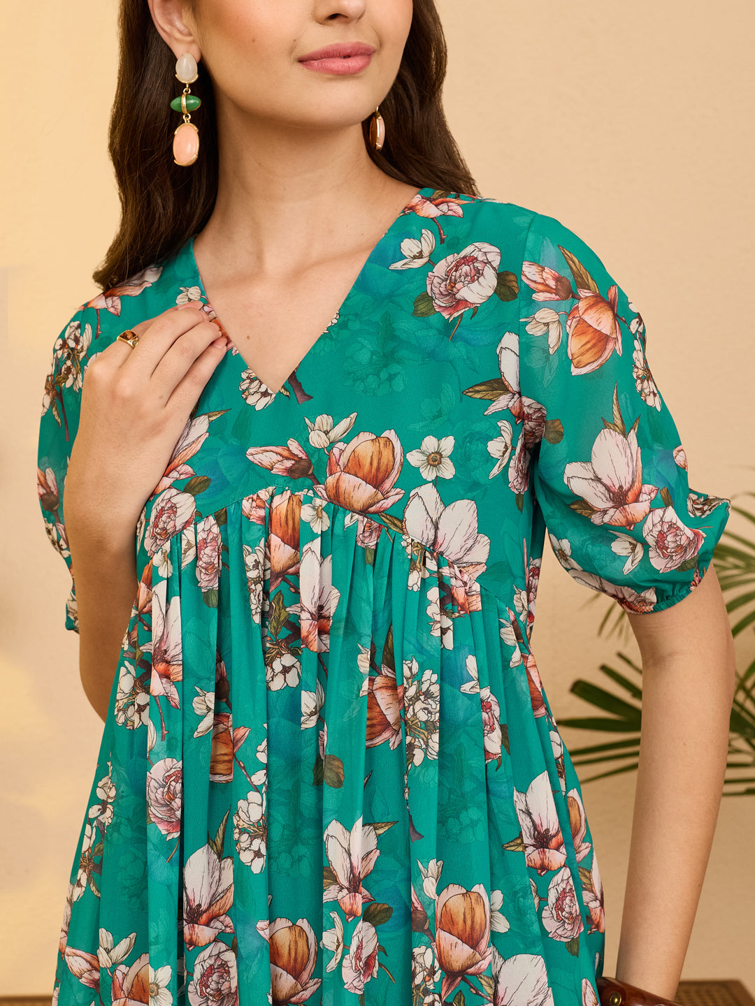 Janasya Women's Sea Green Georgette Floral Printed Gathered Dress